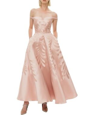 NWT $1250 MSRP Hynes Park Botanical Mikado Blush Off Shoulder Gown Tea Length